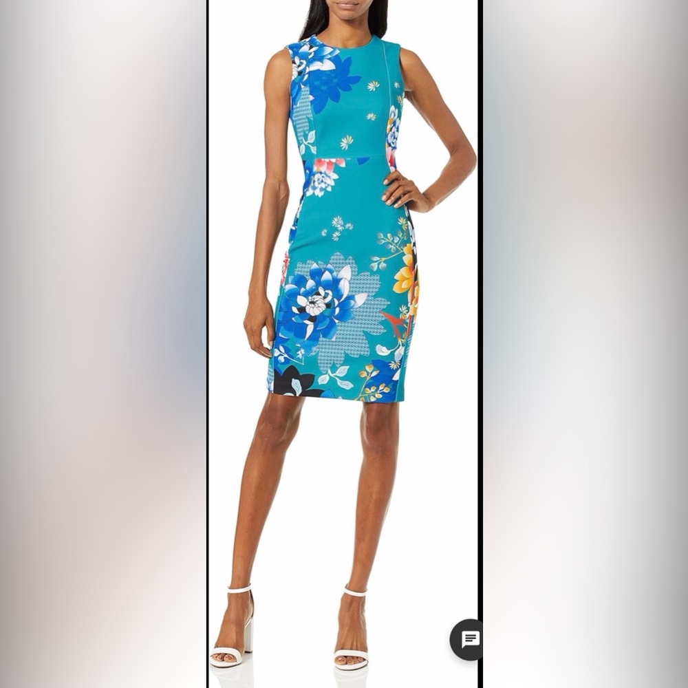 Calvin Klein 🆕 NWT Teal Floral Sleeveless Sheath Knee-Length Dress Size 10
